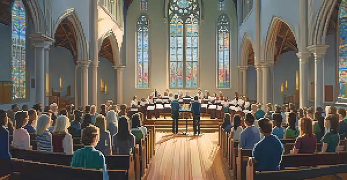A diverse group of choir singers in a sunlit church, practicing breath control techniques with sheet music.