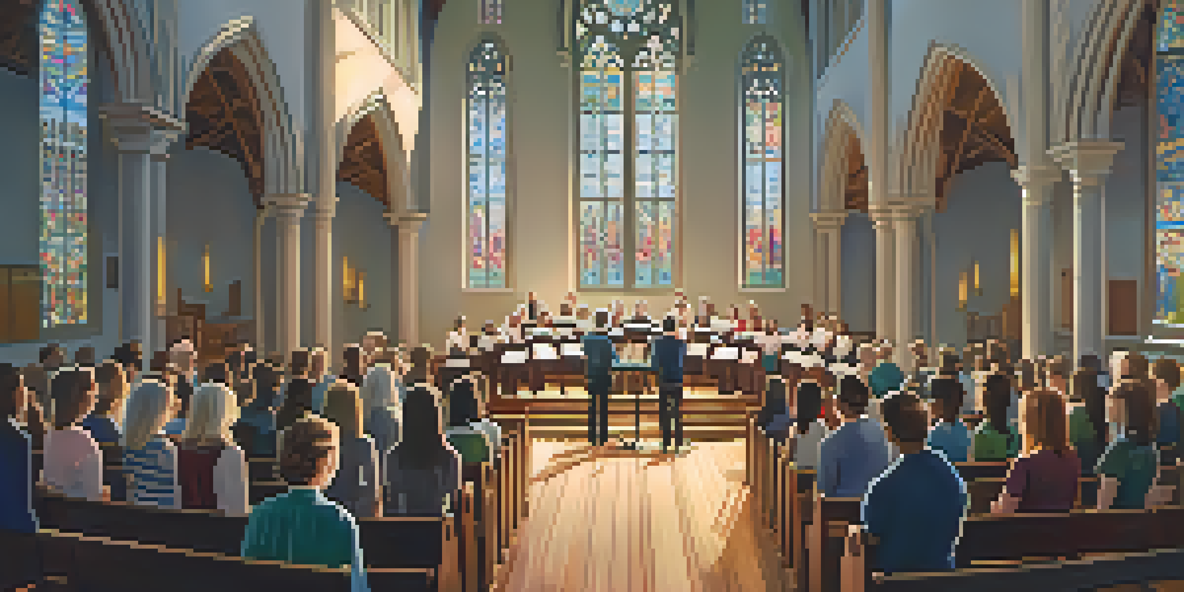 A diverse group of choir singers in a sunlit church, practicing breath control techniques with sheet music.