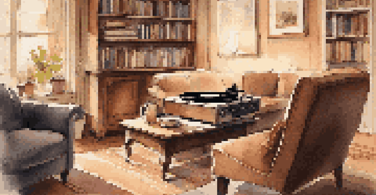 A vintage record player in a cozy living room with a stack of vinyl records and a cup of coffee.