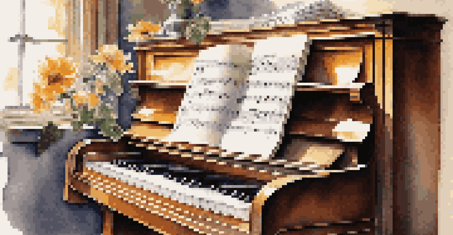 A close-up of a music score on a piano with hands above the keys and sunlight illuminating the scene.