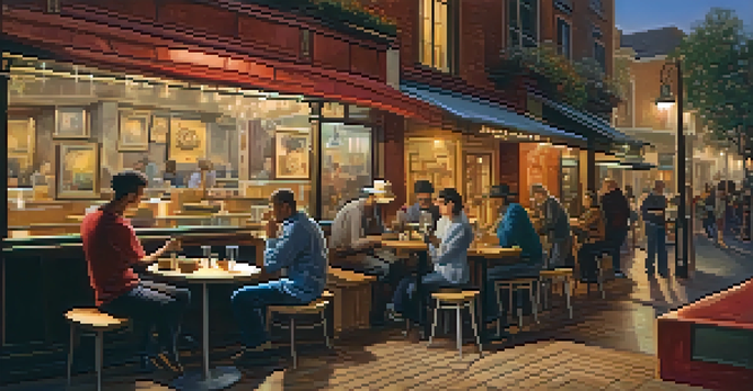 A warm cafe with a musician playing guitar, patrons enjoying drinks, and musical decorations.