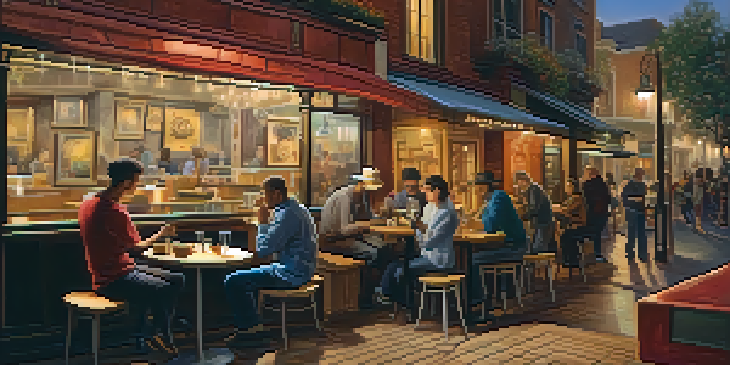 A warm cafe with a musician playing guitar, patrons enjoying drinks, and musical decorations.