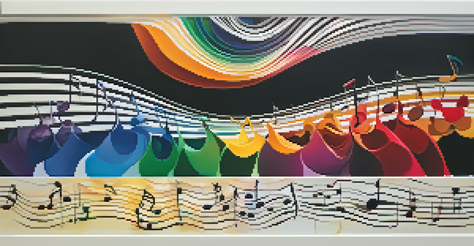 An abstract spiral of musical scales with vibrant colors and floating notes on a dark background.