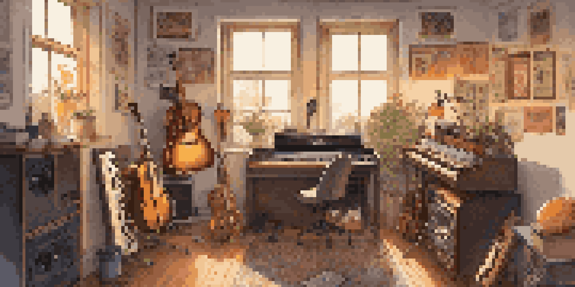 A cozy home recording studio with musical instruments, sound equipment, and warm lighting, featuring a musician at their desk.
