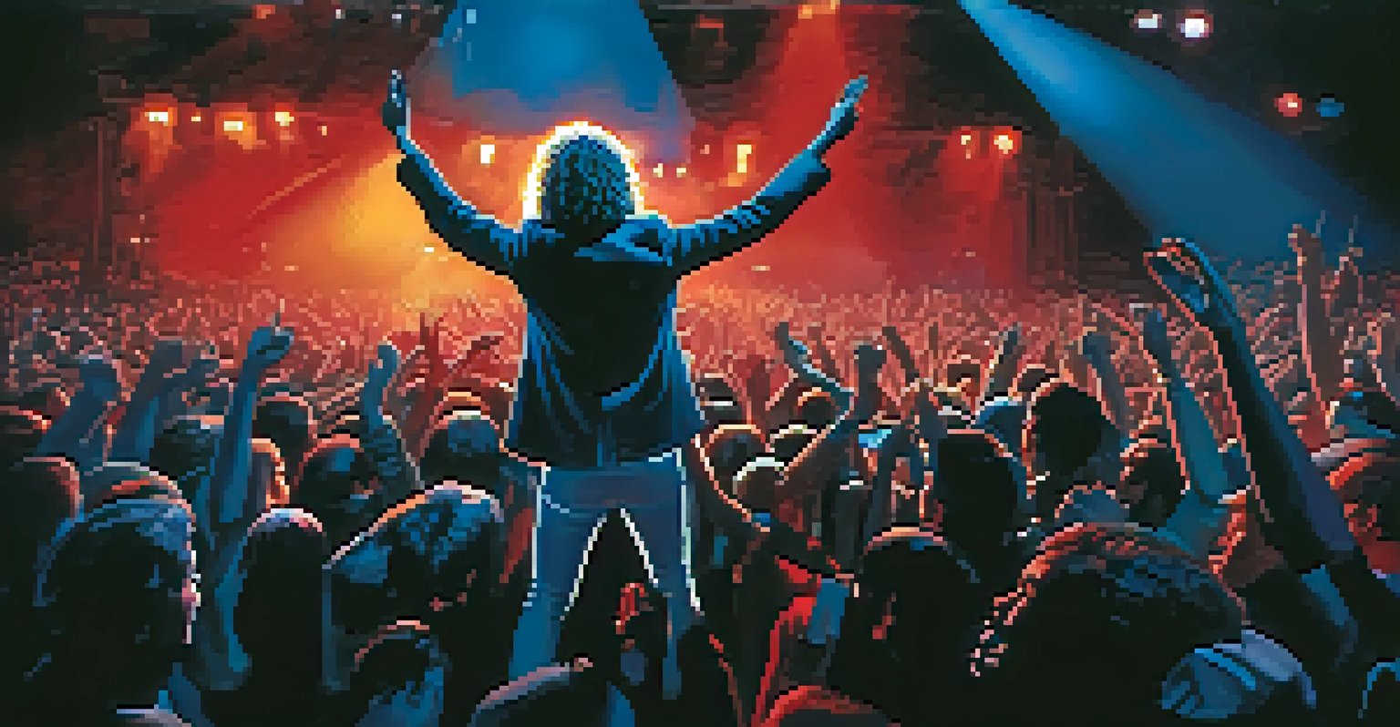 A lively rock concert with a lead singer on stage and an enthusiastic crowd under colorful lights.