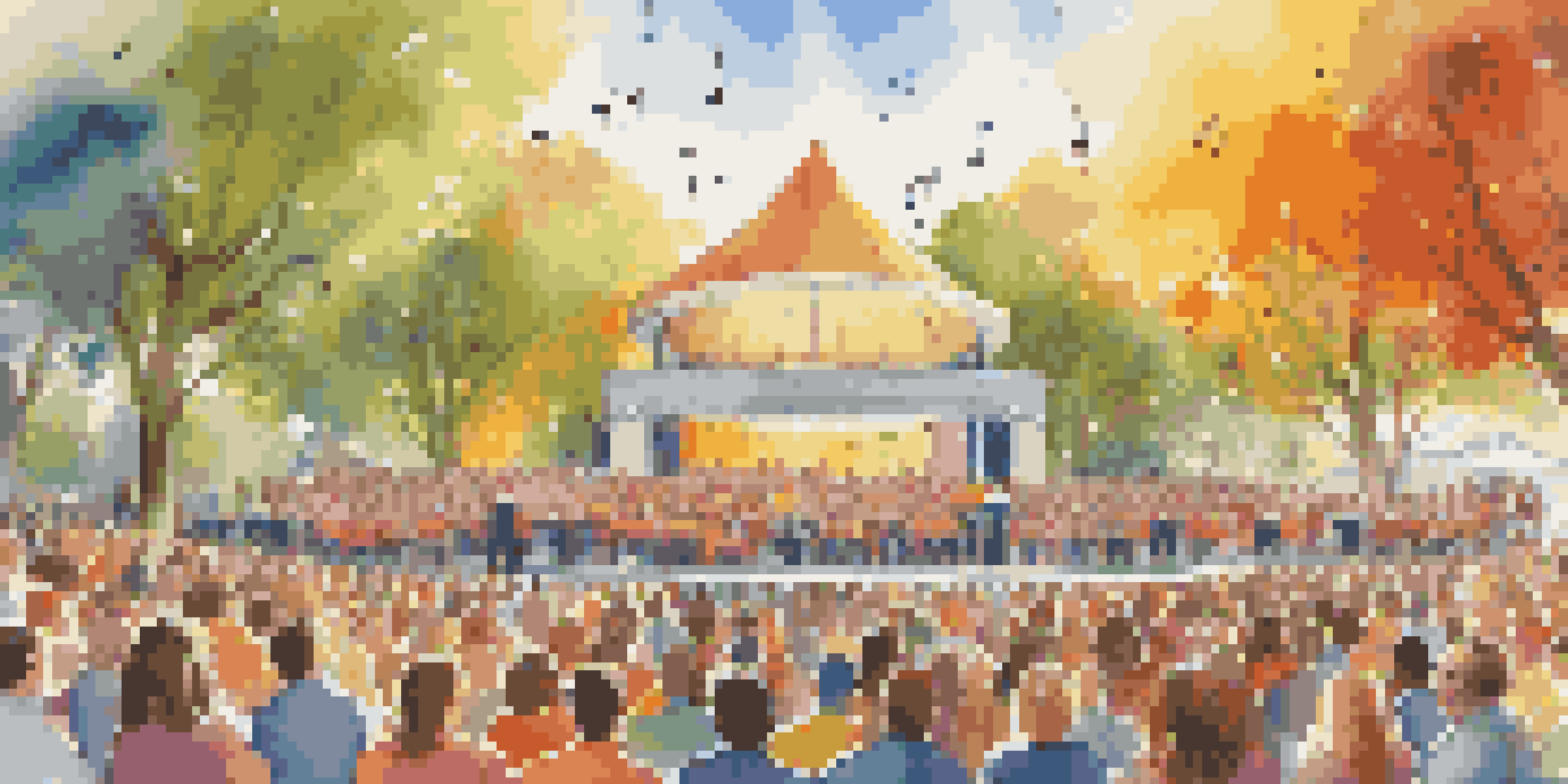 A lively outdoor choral music festival with diverse choirs performing on stage, surrounded by an engaged audience under sunlight.