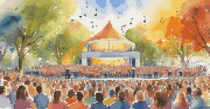 A lively outdoor choral music festival with diverse choirs performing on stage, surrounded by an engaged audience under sunlight.