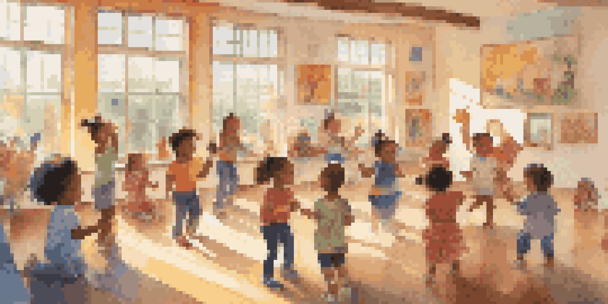 A lively classroom with children singing and playing instruments, surrounded by colorful decorations and sunlight.