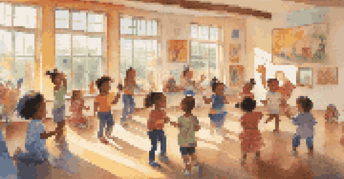 A lively classroom with children singing and playing instruments, surrounded by colorful decorations and sunlight.