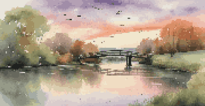 A peaceful sunset over a river with green trees and a wooden bridge, showcasing warm colors in the sky.