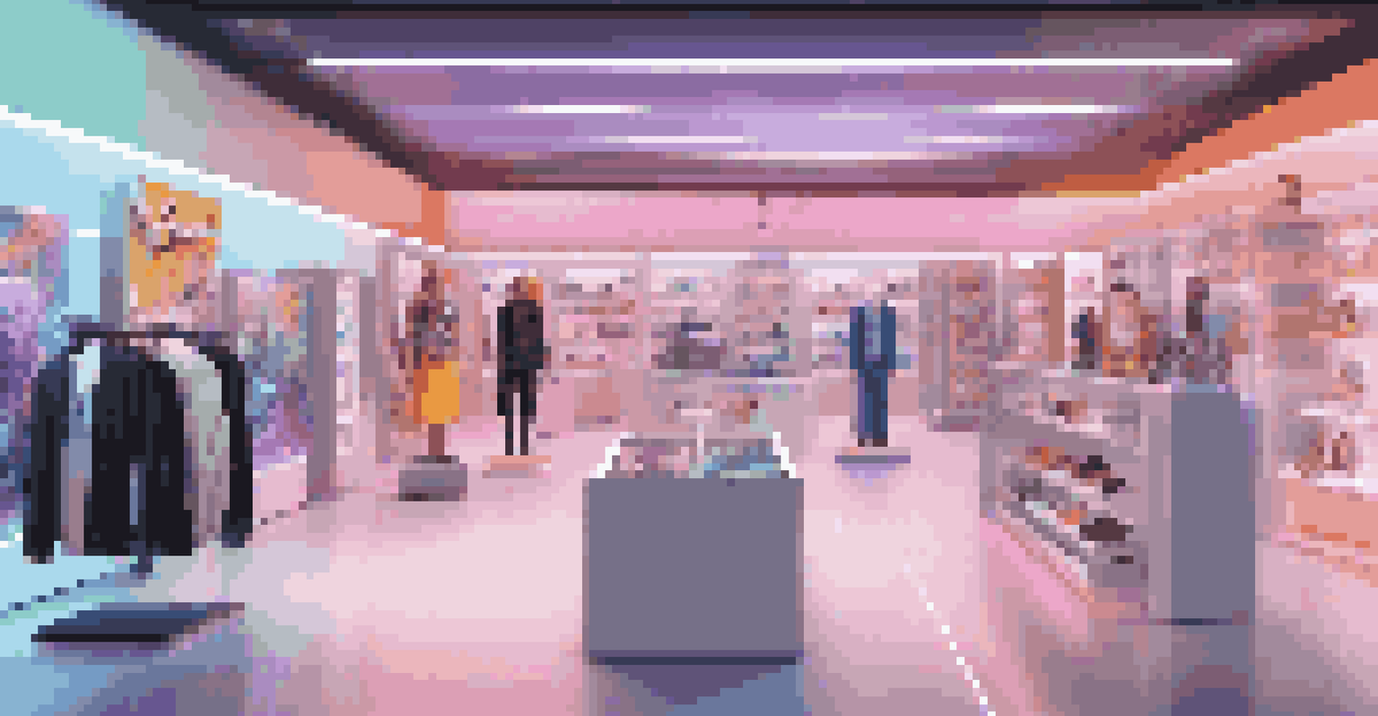 A high-tech virtual merchandise store featuring digital collectibles and artist merchandise in an interactive 3D space.