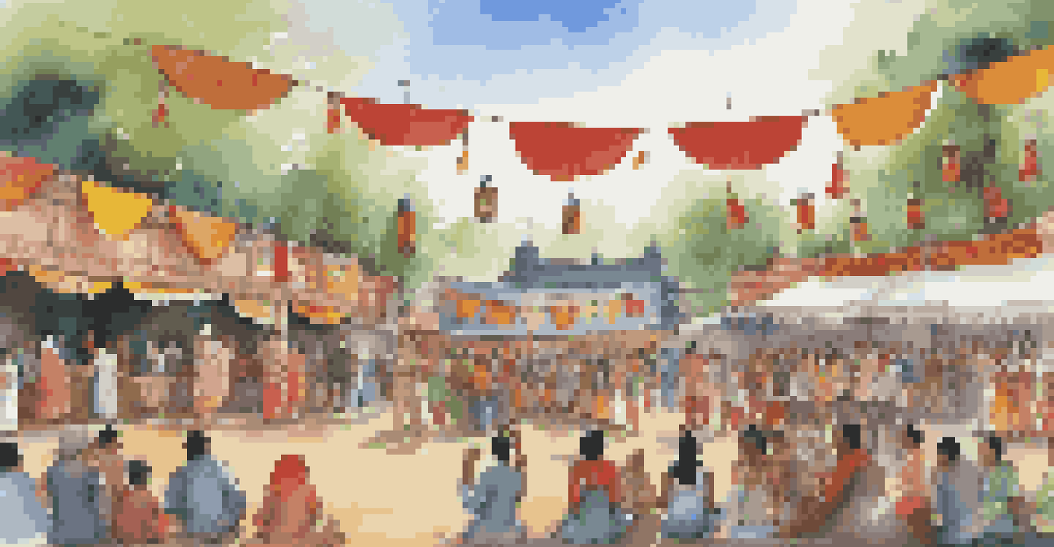 An outdoor festival with a diverse audience enjoying a traditional music performance, surrounded by colorful decorations and food stalls.
