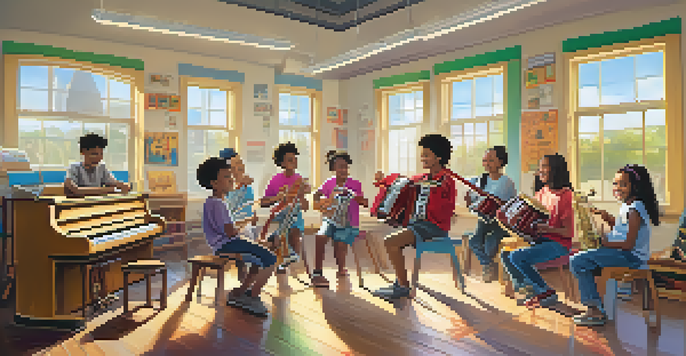A diverse group of students in a colorful classroom, happily engaging in a music lesson with various instruments.