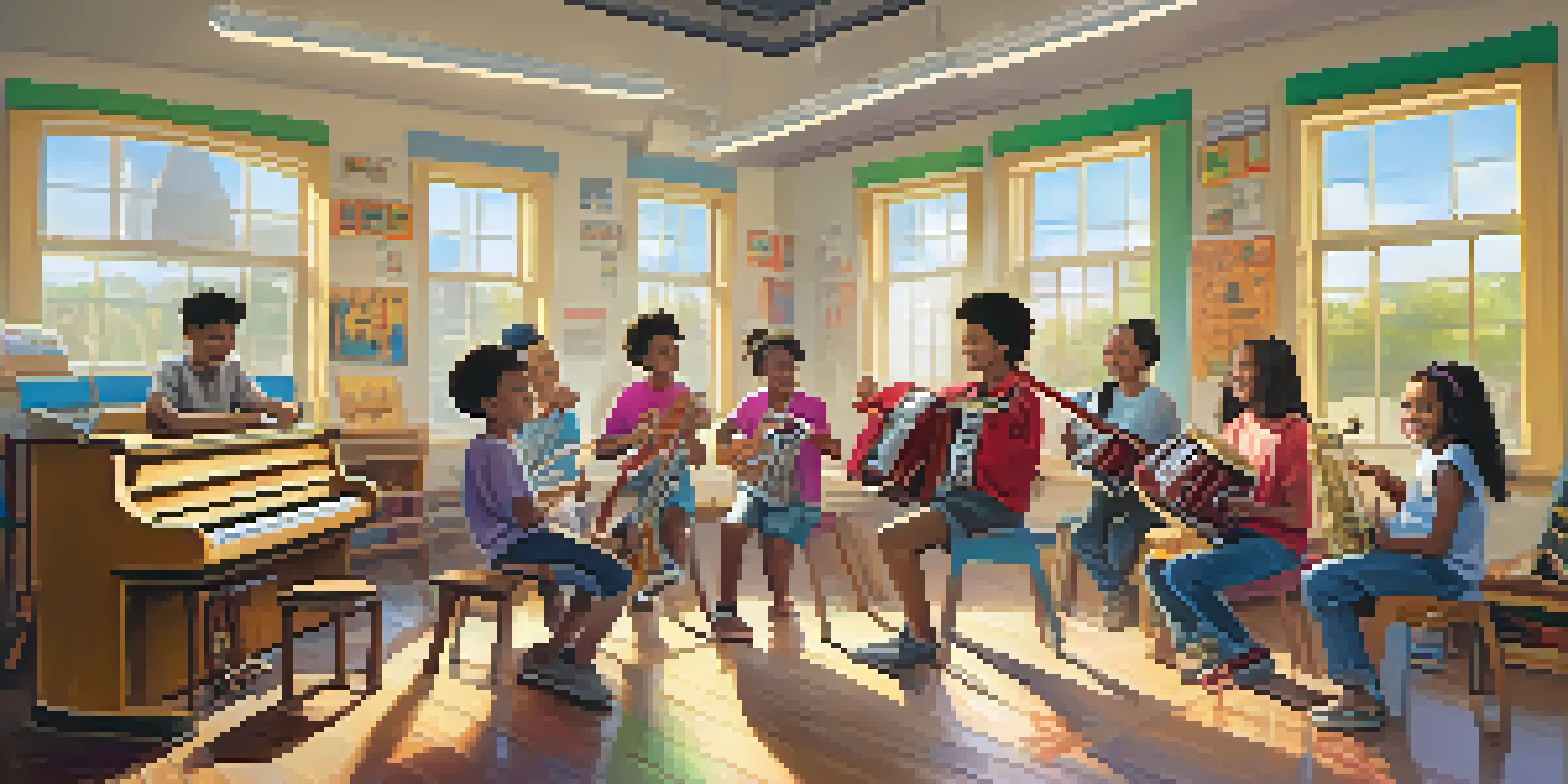A diverse group of students in a colorful classroom, happily engaging in a music lesson with various instruments.