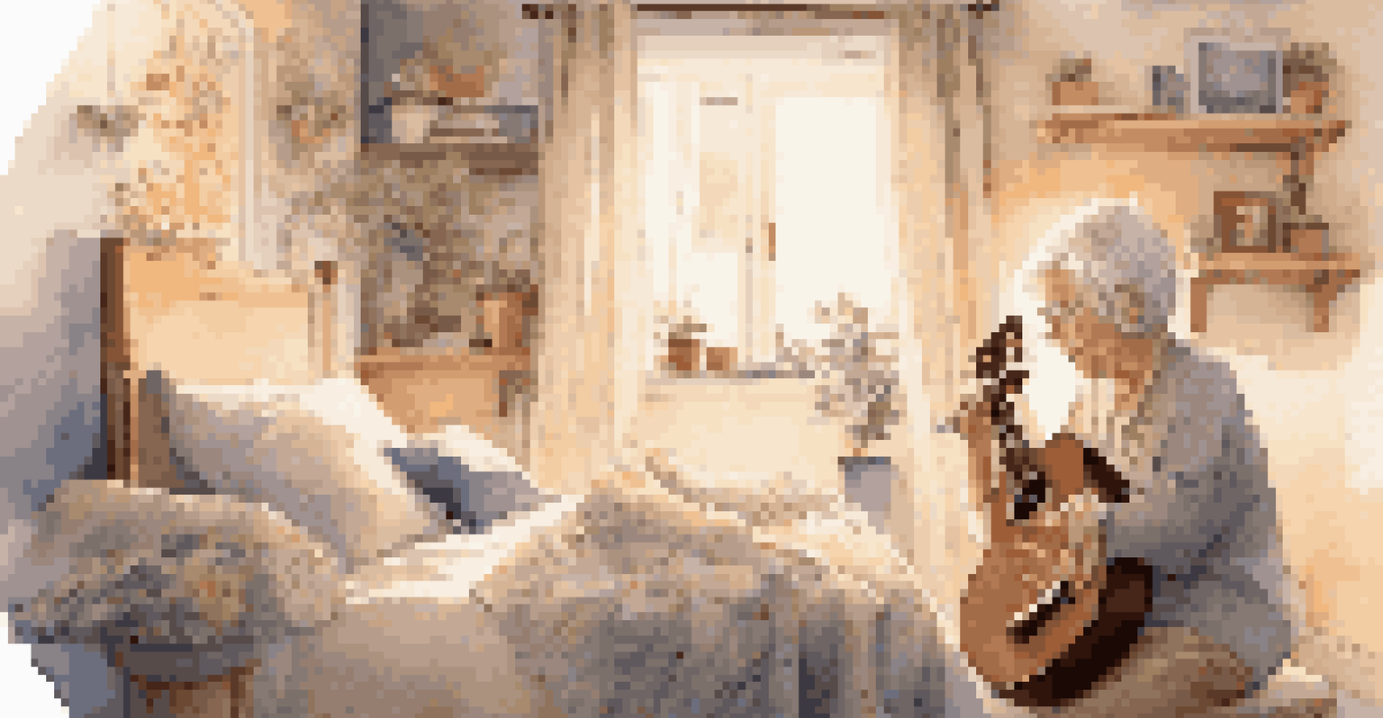 An elderly woman playing a ukulele in her serene bedroom, surrounded by musical notes and warm lighting.