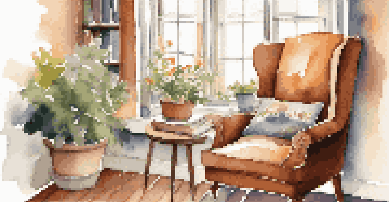 A cozy reading nook with an armchair, tea, and a book by a sunny window.