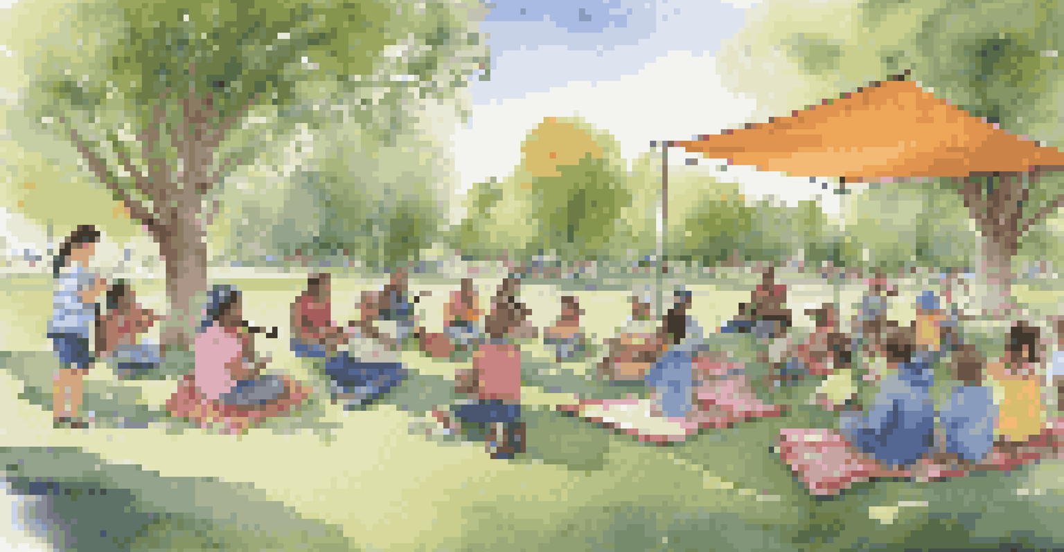 A community music workshop in a park with families and children participating and a local musician demonstrating an instrument.