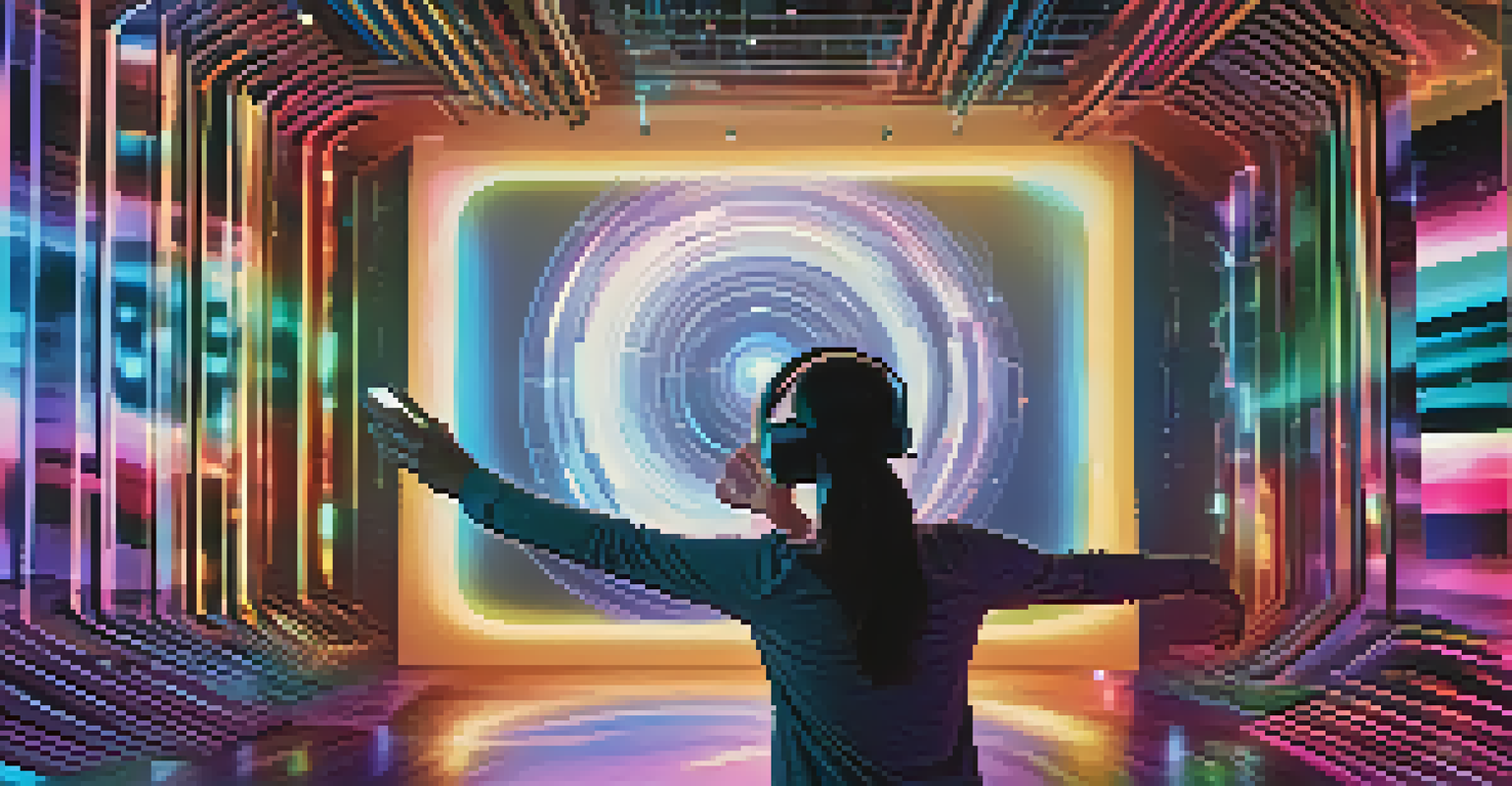 A user engaging with an interactive virtual reality space, reaching for an object with sound waves illustrated, highlighting the immersive experience.