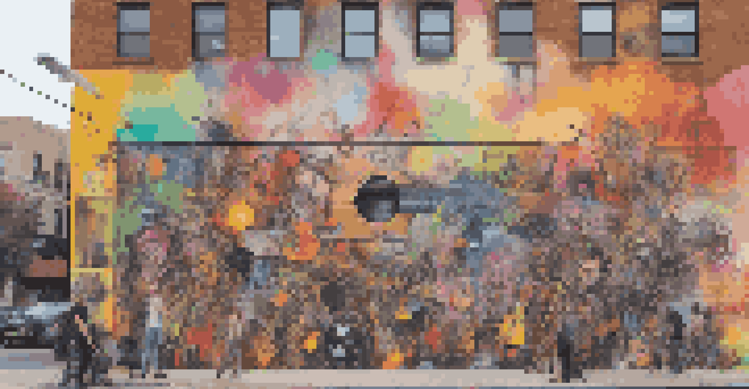 A colorful street mural illustrating the fusion of punk and electronic music, with abstract designs and musical symbols.