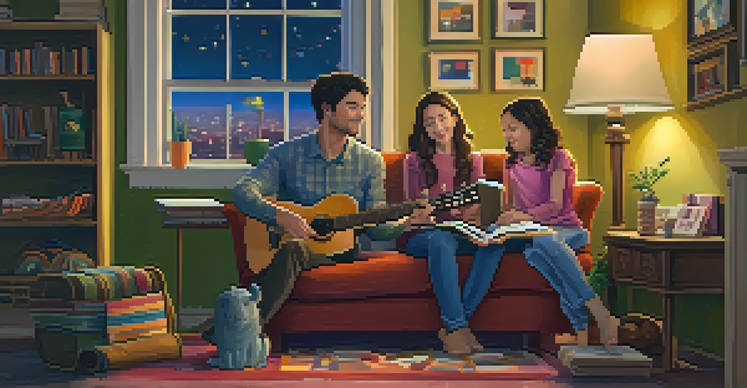 A parent and child reading a book about music in a cozy home environment.