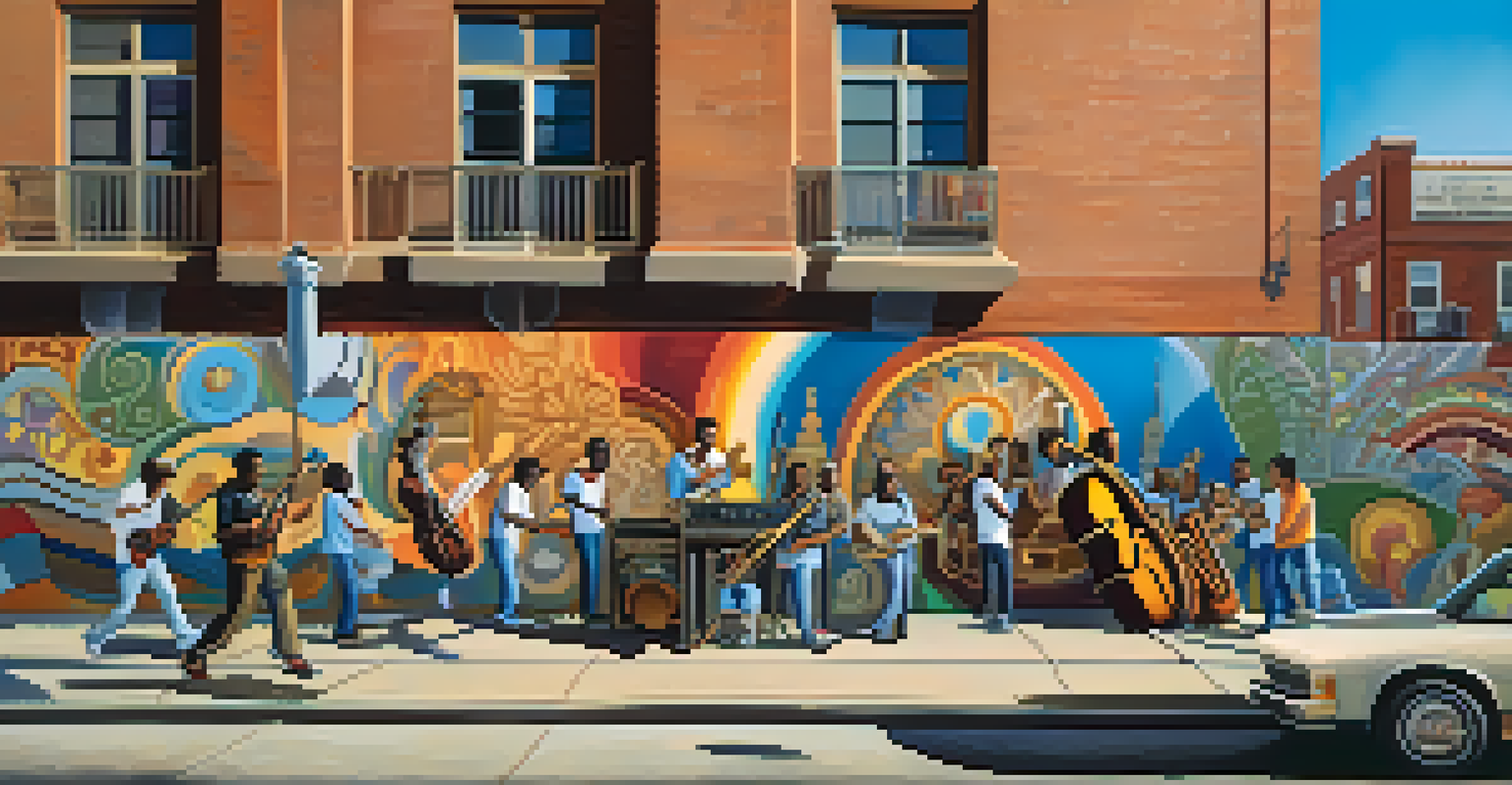 A colorful street mural of musicians in a revitalized urban neighborhood, showcasing cultural heritage under bright sunlight.