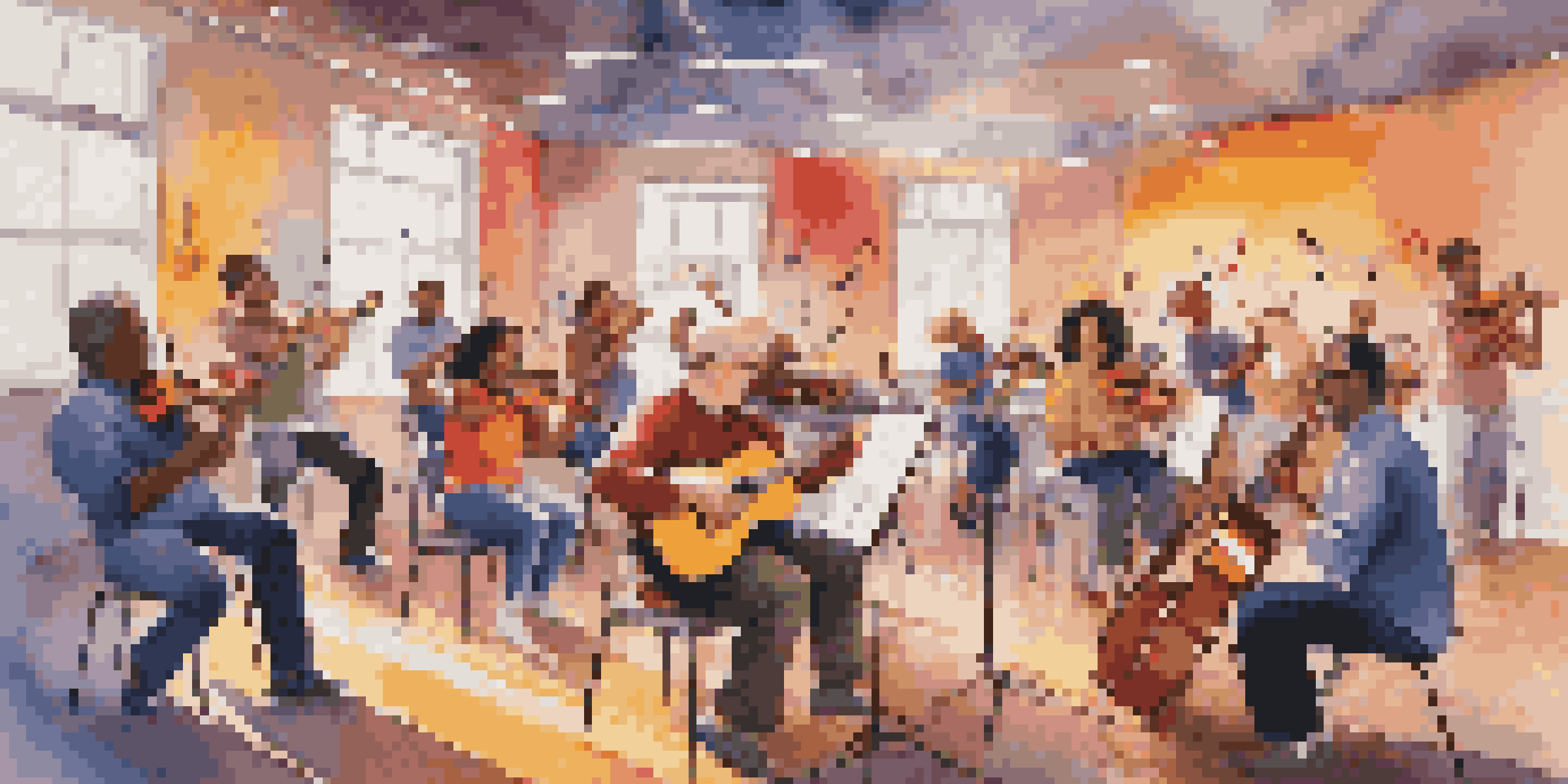 A diverse group of people participating in a lively music workshop, playing instruments and enjoying the communal experience.