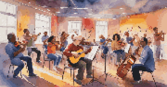 A diverse group of people participating in a lively music workshop, playing instruments and enjoying the communal experience.