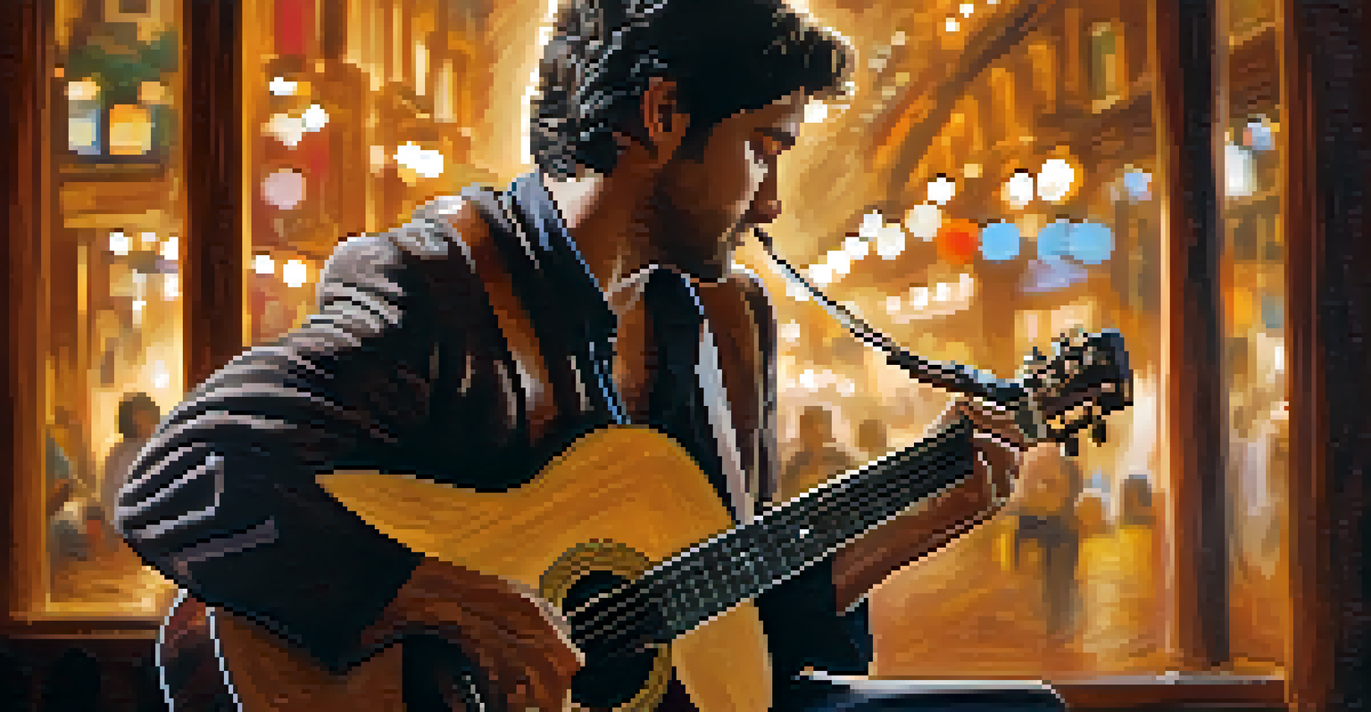 A close-up of a musician playing an acoustic guitar, capturing the emotional engagement and intricate details of the performance.