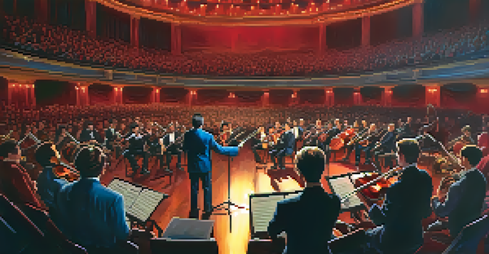 A lively concert featuring a metal band and an orchestra performing together on stage, with dramatic lighting and an engaged audience.