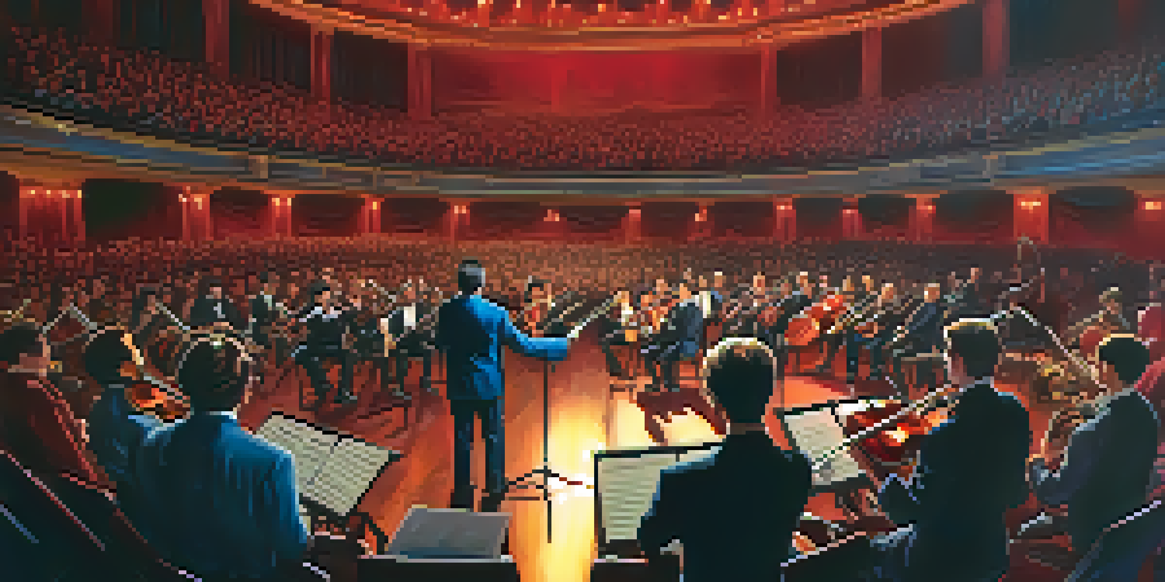 A lively concert featuring a metal band and an orchestra performing together on stage, with dramatic lighting and an engaged audience.