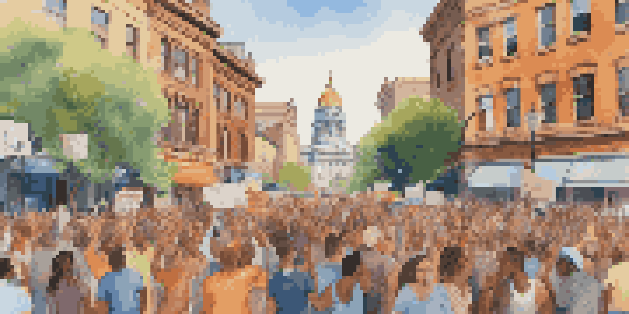 A lively protest scene with diverse people holding colorful signs for social justice in front of a historic city building under warm sunlight.
