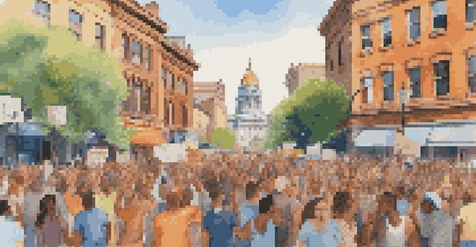 A lively protest scene with diverse people holding colorful signs for social justice in front of a historic city building under warm sunlight.