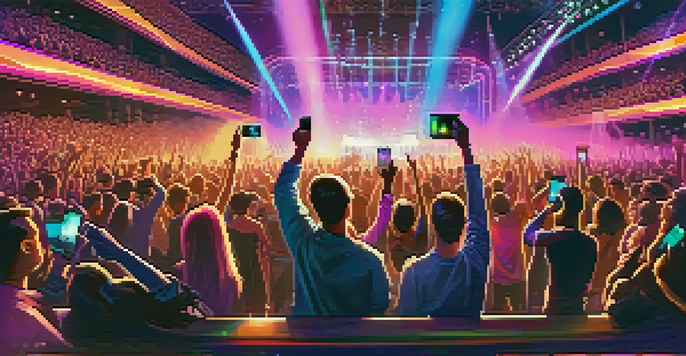 A lively concert with fans holding digital tickets on their smartphones, vibrant lighting, and a band performing on stage.