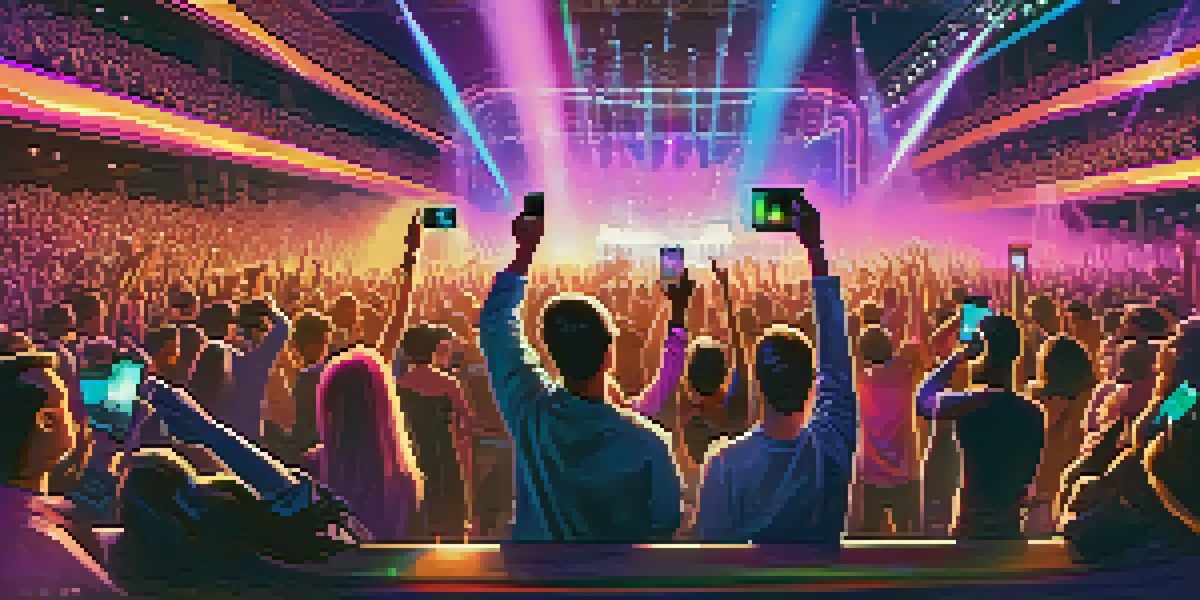 A lively concert with fans holding digital tickets on their smartphones, vibrant lighting, and a band performing on stage.