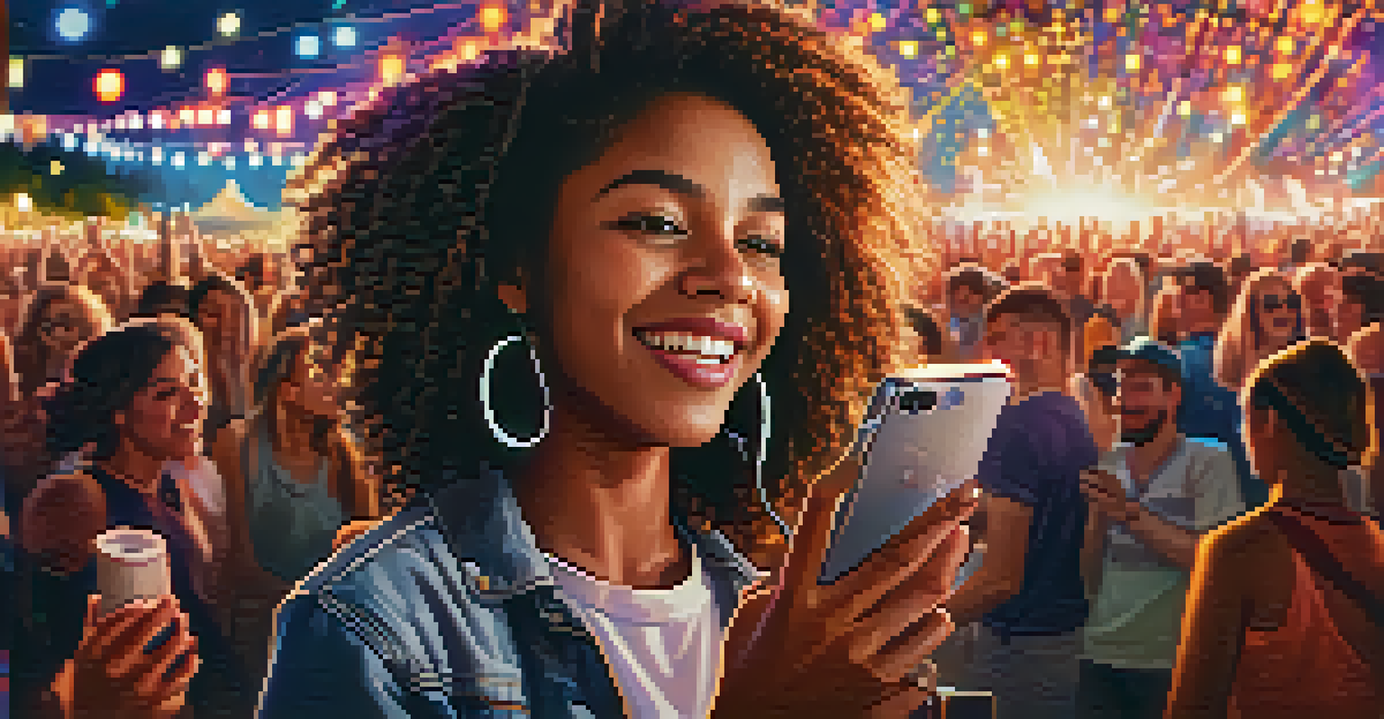 Close-up of a young person capturing a moment at a music festival with a smartphone, surrounded by a lively crowd.