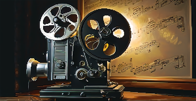 A vintage film projector casting light, surrounded by film reels and swirling musical notes, evoking nostalgia.