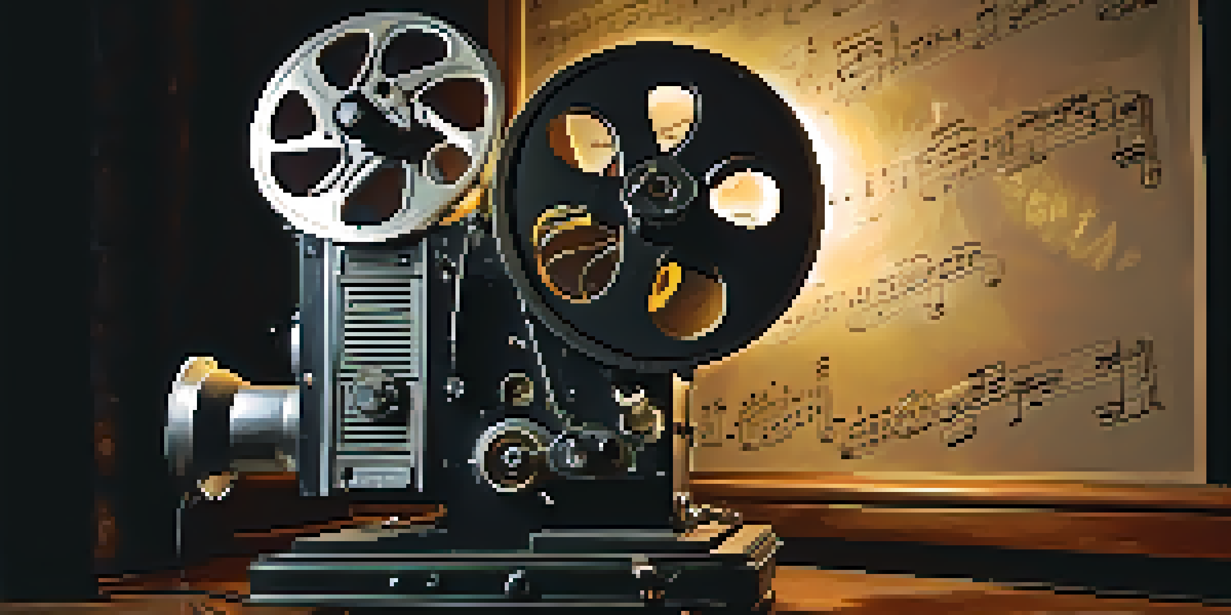 A vintage film projector casting light, surrounded by film reels and swirling musical notes, evoking nostalgia.