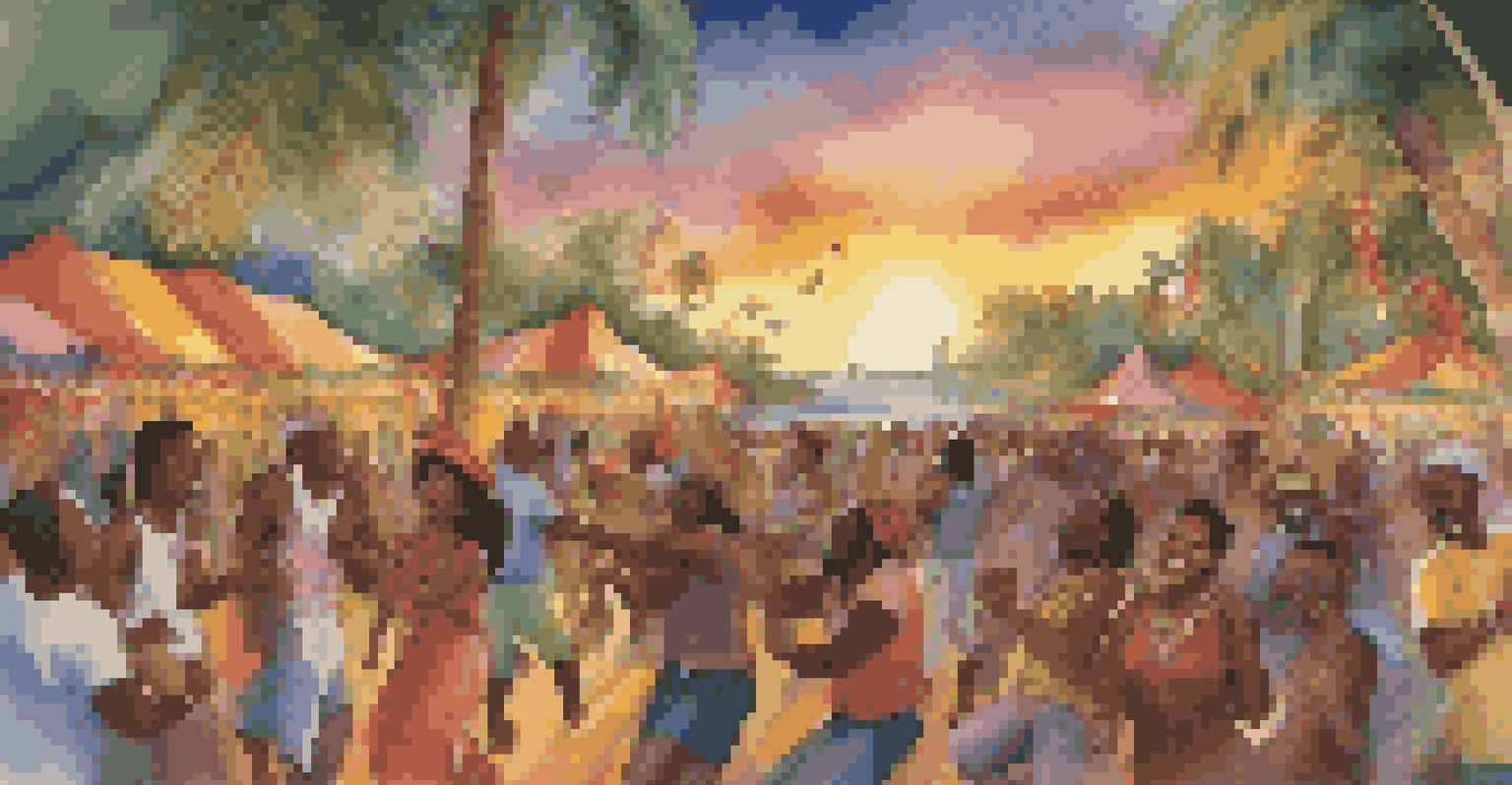 Musicians playing bongos at a lively Caribbean festival with colorful decorations and a sunset sky in the background.