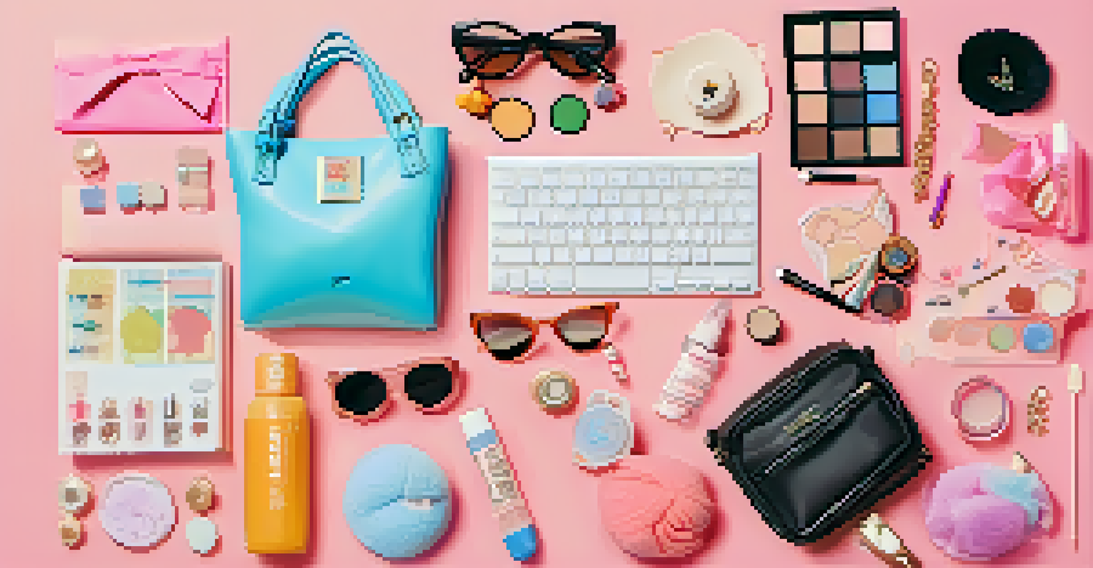 A flat lay of K-Pop inspired fashion items, including clothing, makeup, and accessories on a pastel background.