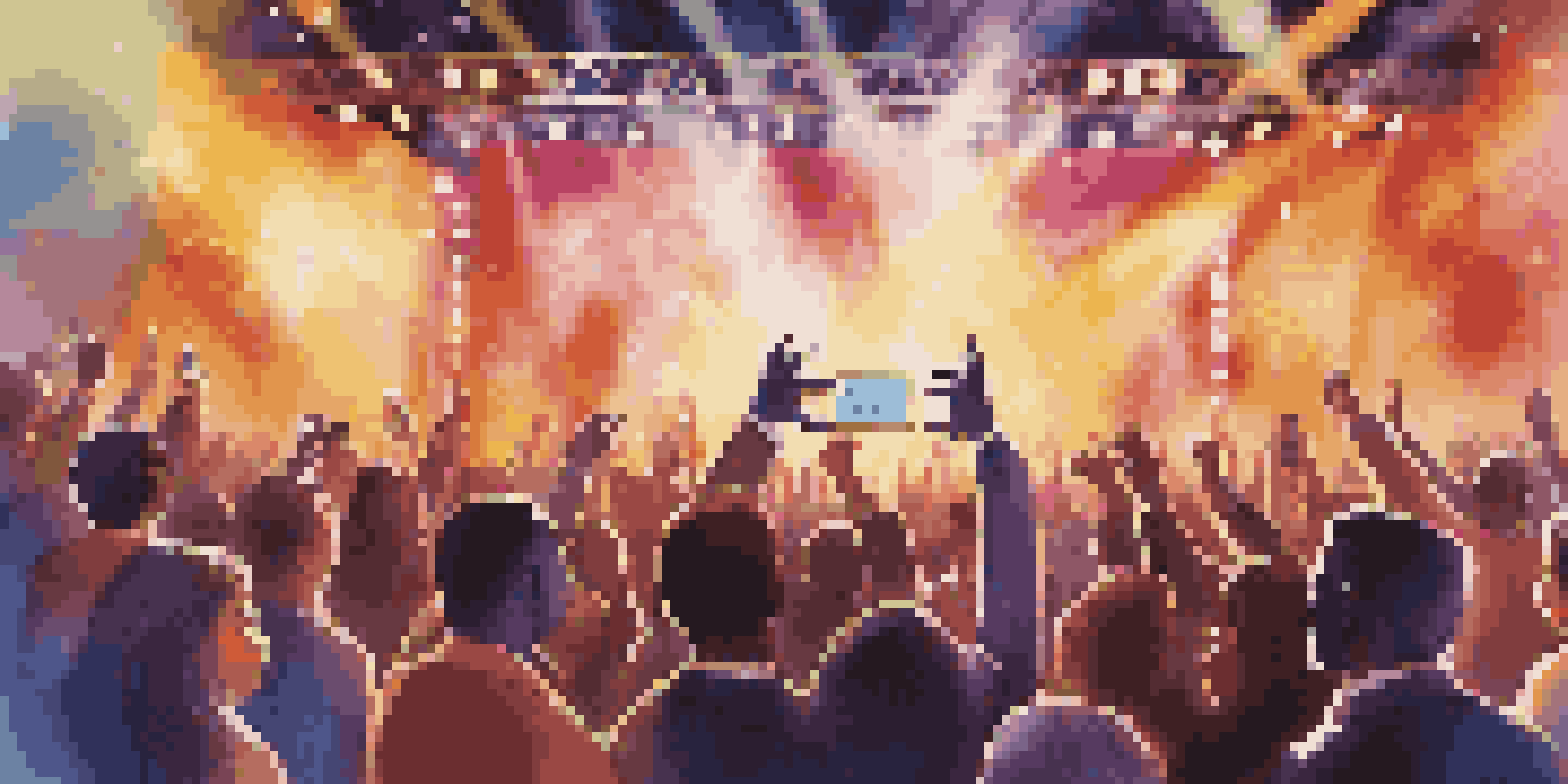 A lively music award show with artists celebrating on stage and an audience taking photos.