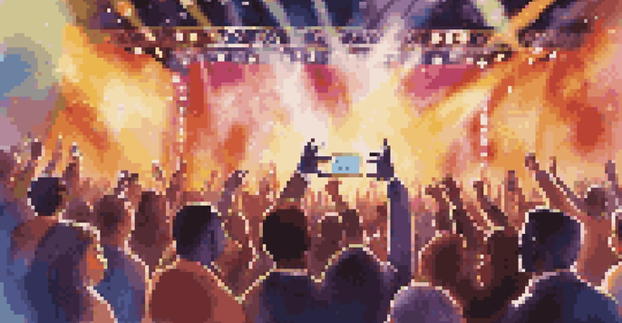 A lively music award show with artists celebrating on stage and an audience taking photos.