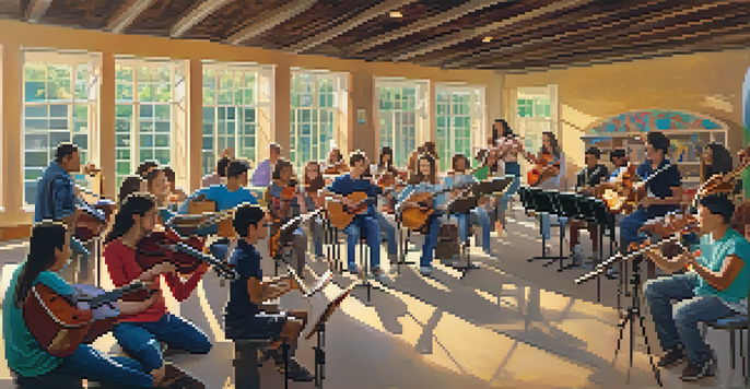 A lively community center with young musicians performing on stage, surrounded by an audience of supportive friends and family.
