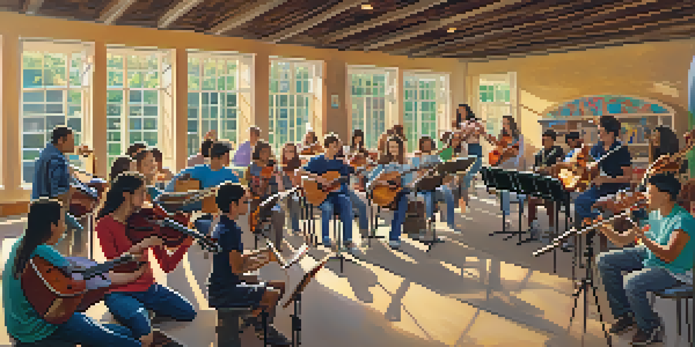 A lively community center with young musicians performing on stage, surrounded by an audience of supportive friends and family.