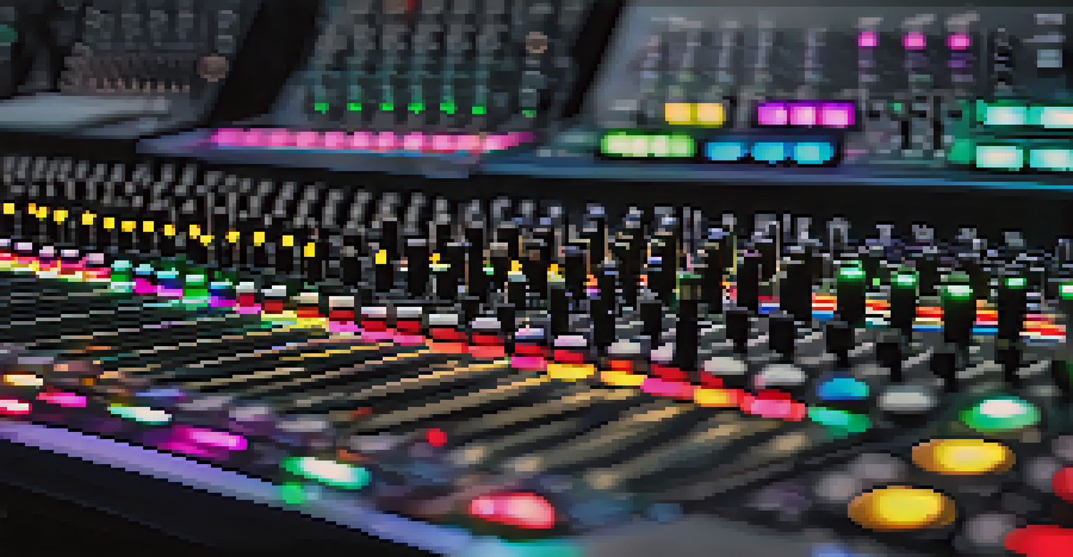 A close-up of a digital mixing board with colorful LED lights, set in a dark venue with blurred musicians in the background.