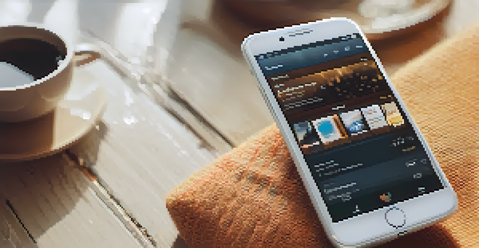 A smartphone showing a music streaming app with a playlist, set in a cozy environment.