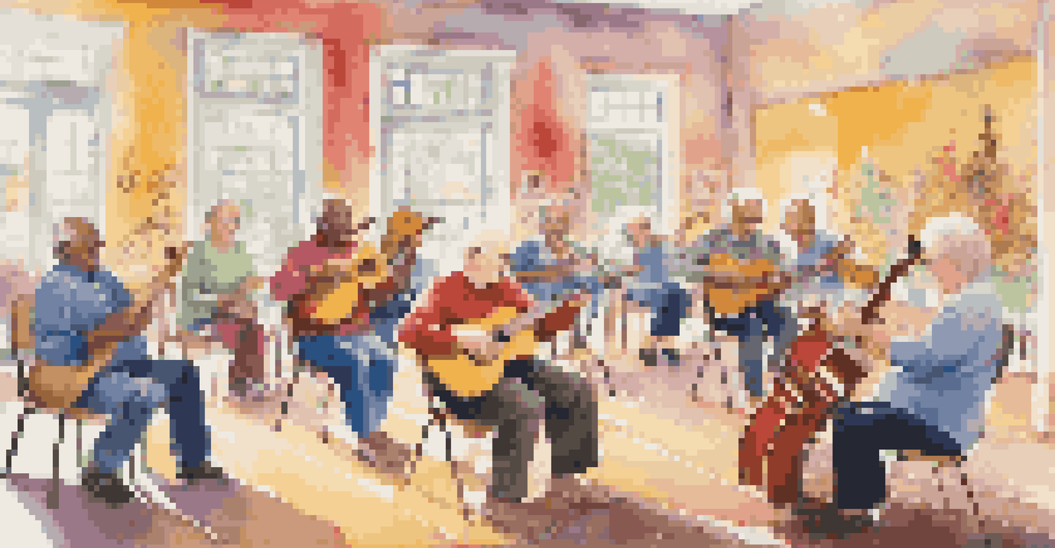 Older adults participating in a community music class, playing instruments and smiling in a bright room.