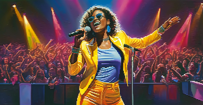 A confident female musician on stage with colorful lights, holding a microphone and surrounded by a cheering audience.
