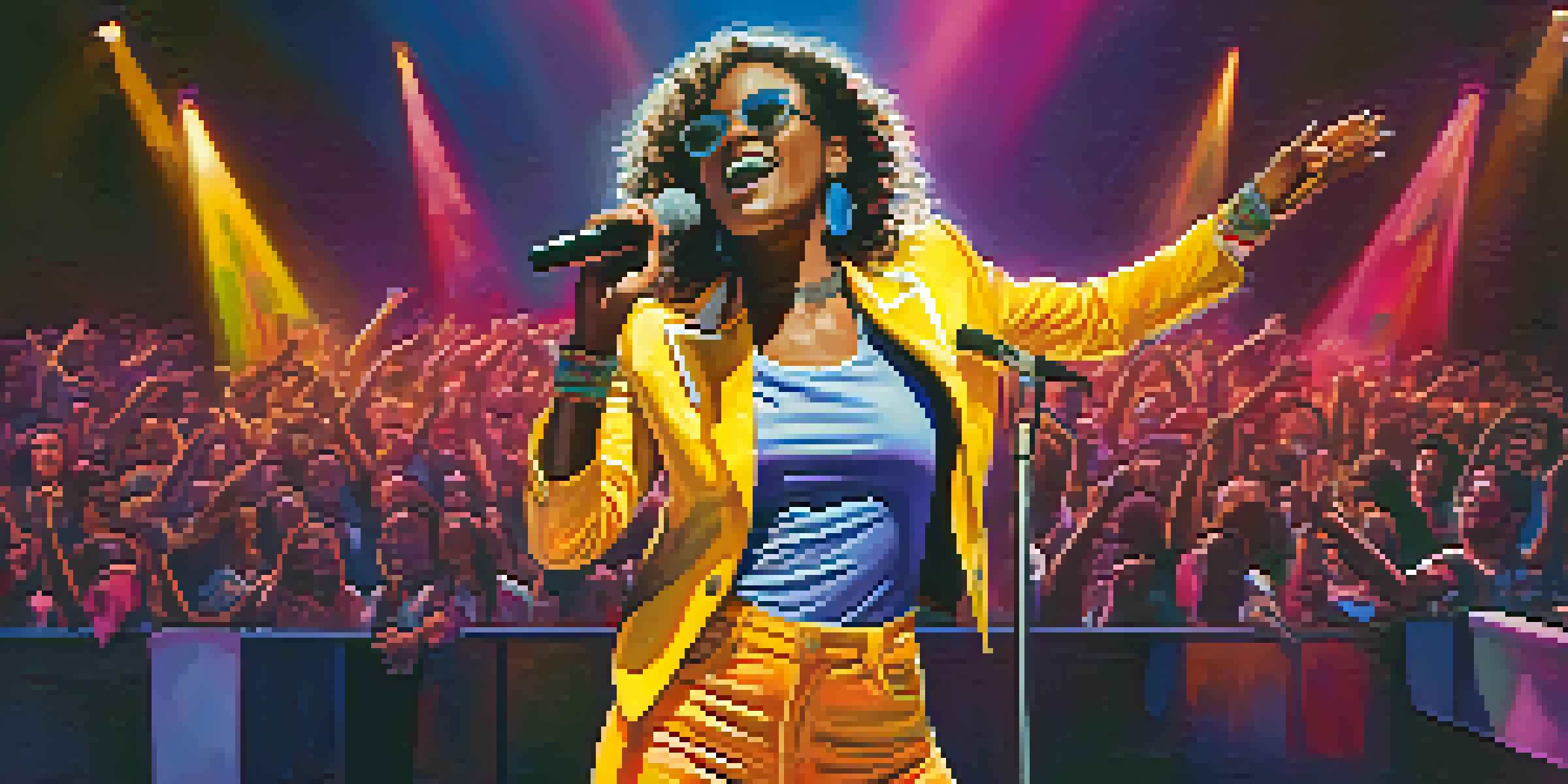 A confident female musician on stage with colorful lights, holding a microphone and surrounded by a cheering audience.