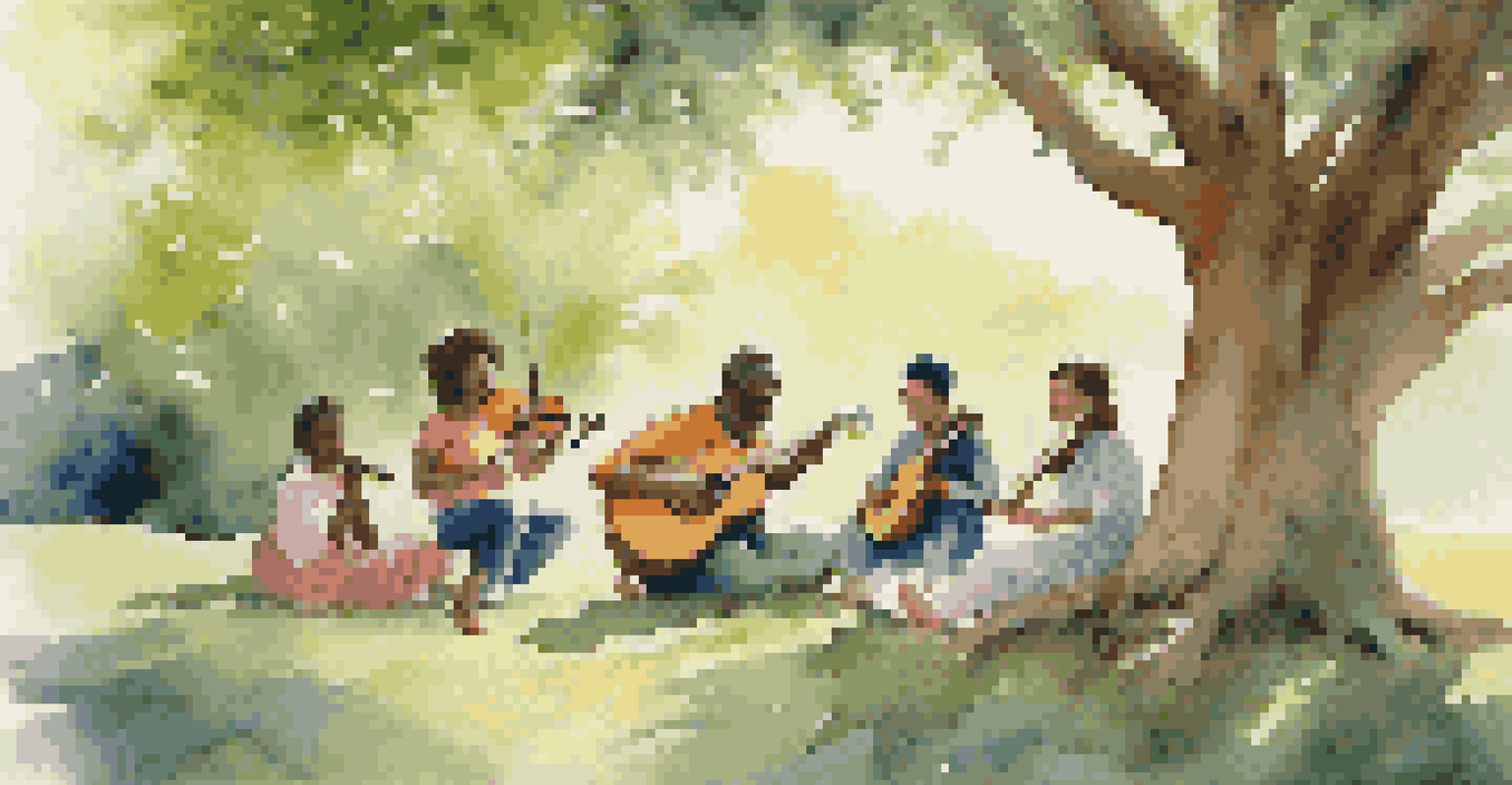 A group of people collaborating on music outdoors under a large tree, surrounded by greenery and sunlight.