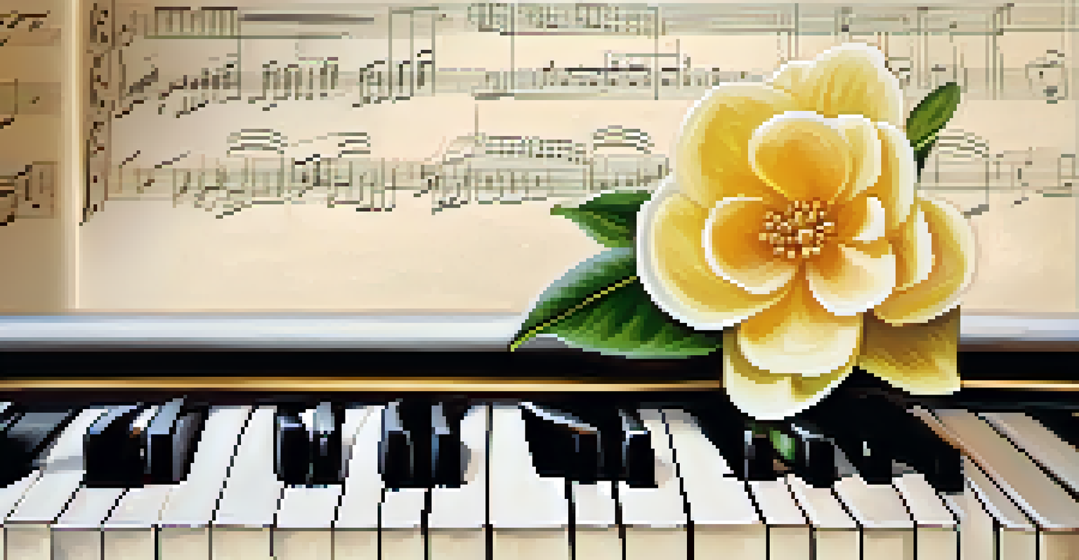 Close-up of a piano with open sheet music, featuring blank spaces, and a delicate flower, symbolizing silence in music.